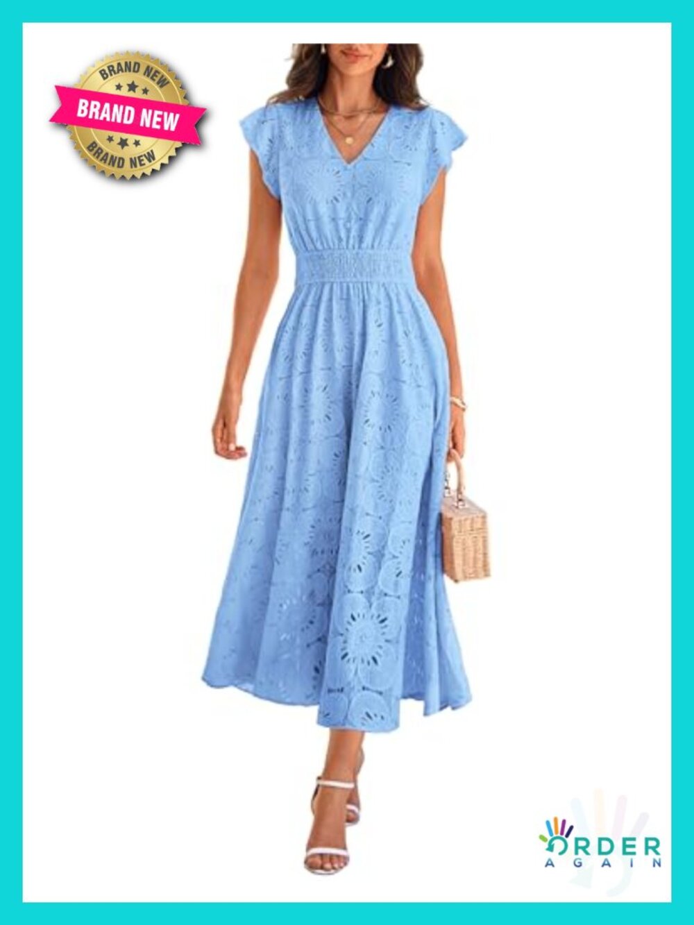 Eyelet Maxi Dress V Neck Ruffle Sleeve Smocked Waist A Line Summer Casual